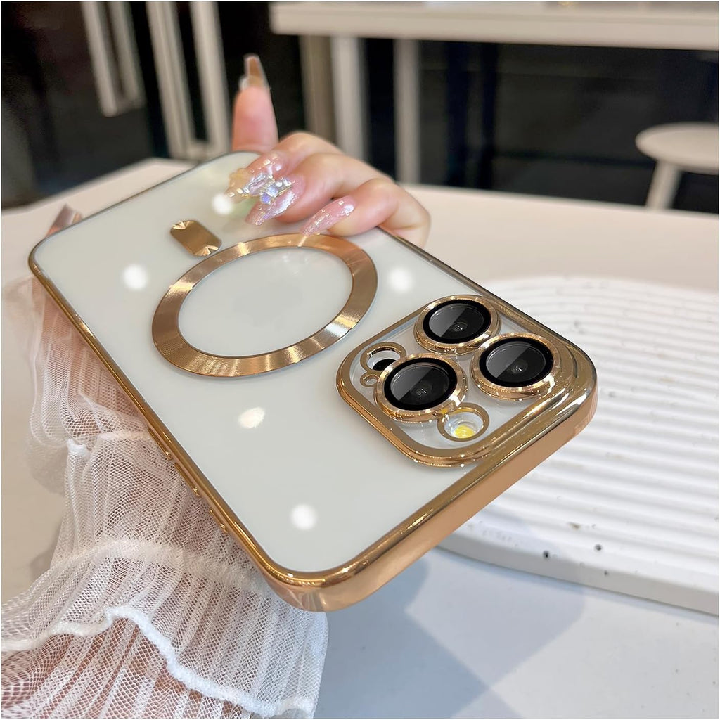 Buy now Magnetic Case for iPhone 15 Pro Max Case with Full Camera Lens Protector [Strong N56 Magnets] [Compatible with Magsafe] Clear Stylish Case for iPhone 15 ProMax Phone Case, Gold Titanium at indiglob india