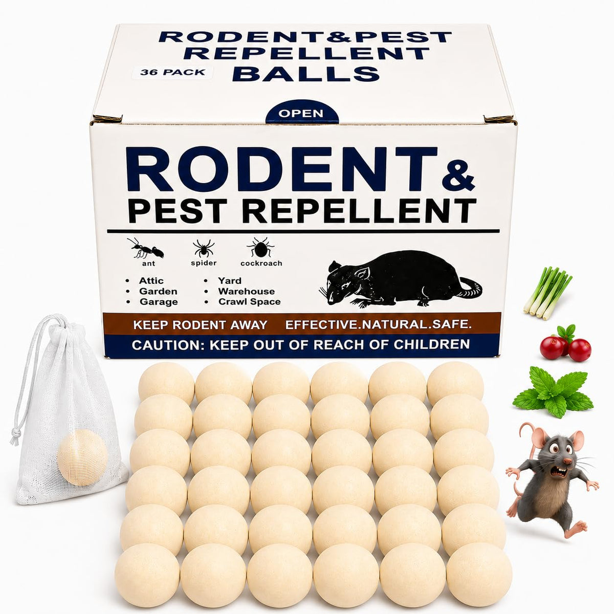 Rodent Repellent 36 Pack, Natural Mouse Repellent Ball Peppermint, Mice Repellent for Indoor & Outdoor, Long-Lasting Rodent Repellent Pouches for Patio/Home/Garage/Garden - Pets Safe