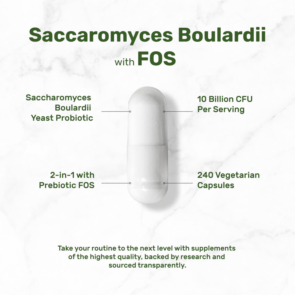 Saccharomyces Boulardii Probiotics + FOS Supplement, 10 Billion CFU, 240 Veggie Capsules – Probiotic & Prebiotic for Women & Men – Gut, Immune & Digestive Health Support – Non-GMO