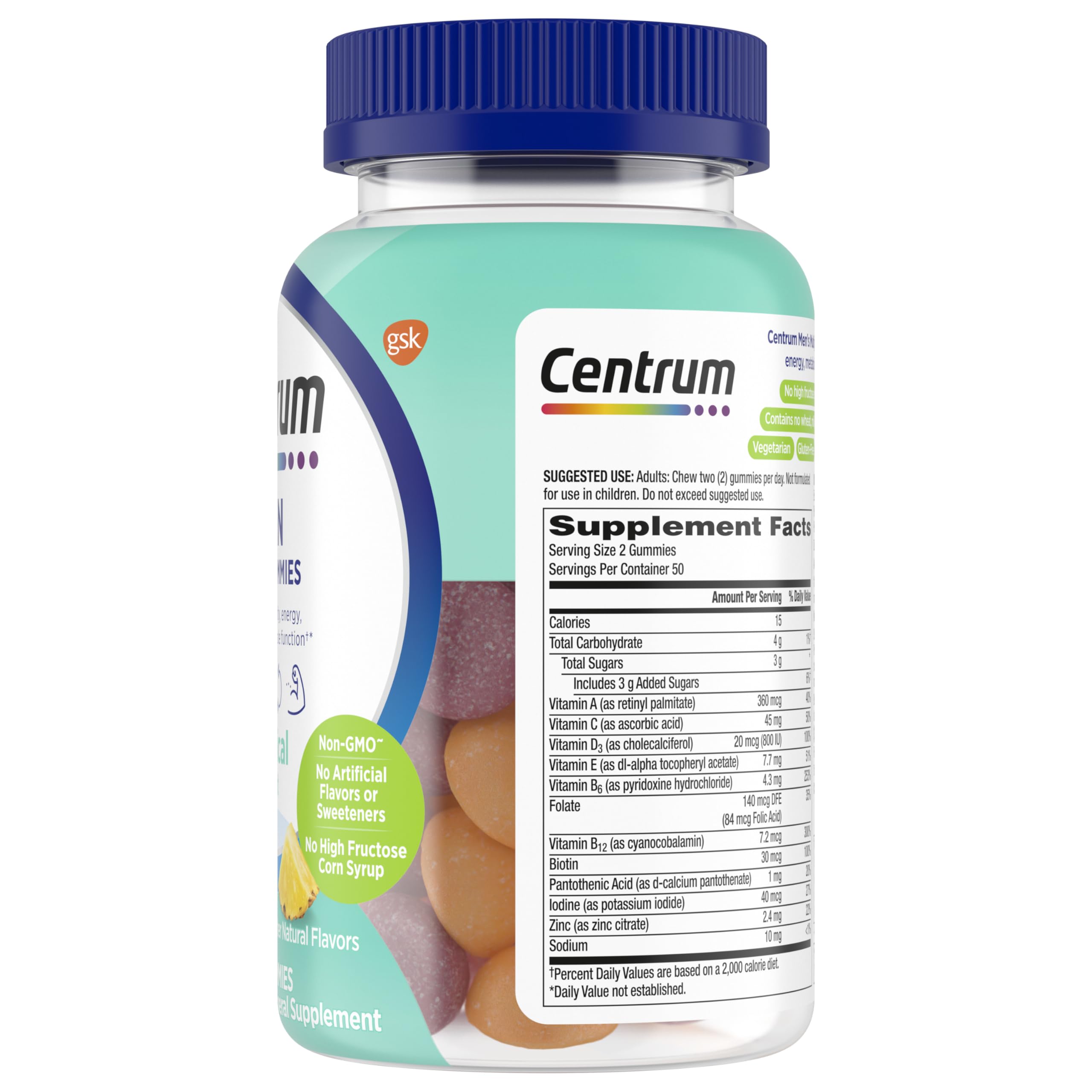 Centrum MultiGummies for Men 18 and Over, 100 Count | Contains Vitamin D3, B Vitamins and Antioxidants, Gluten Free, Non-GMO Ingredients, GLP-1 Support