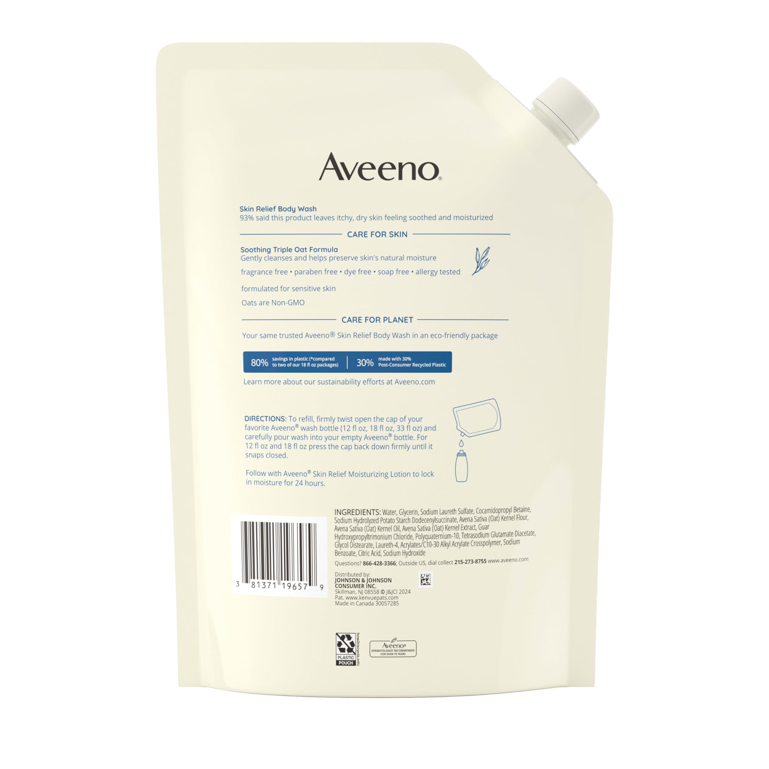 Aveeno Skin Relief Body Wash Refill, Fragrance-Free, 36 fl. oz | Triple Oat Formula, Gentle Daily Cleanser for Sensitive Skin, Leaves Itchy, Dry Skin Feeling Soothed & Moisturized