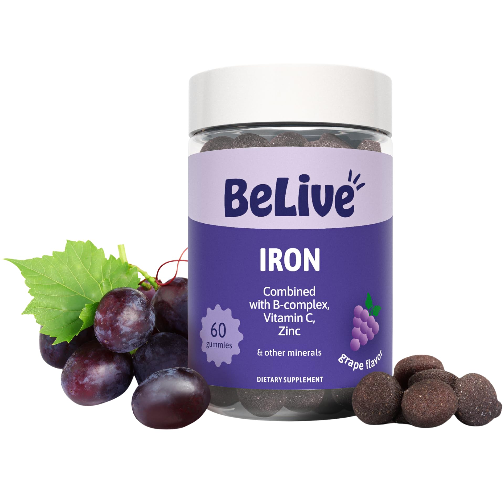 BeLive Iron Gummies, Multivitamin Supplement, Blood Oxygen Support, 120 Ct | With Vitamin C, B Complex, Folate, and Zinc for Women, Men & Kids for Growth and Development, Grape Flavor