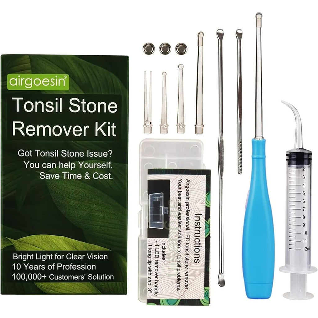 Buy now Airgoesinâ„¢ Upgraded Tonsil Stone Remover Tool, Blue, 5 Tips, Tonsillolith Pick Case + 1 Irrigator Fresh Breath Oral Rinse at indiglob india