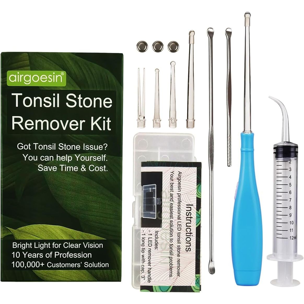 Buy now Airgoesinâ„¢ Upgraded Tonsil Stone Remover Tool, Blue, 5 Tips, Tonsillolith Pick Case + 1 Irrigator Fresh Breath Oral Rinse at indiglob india