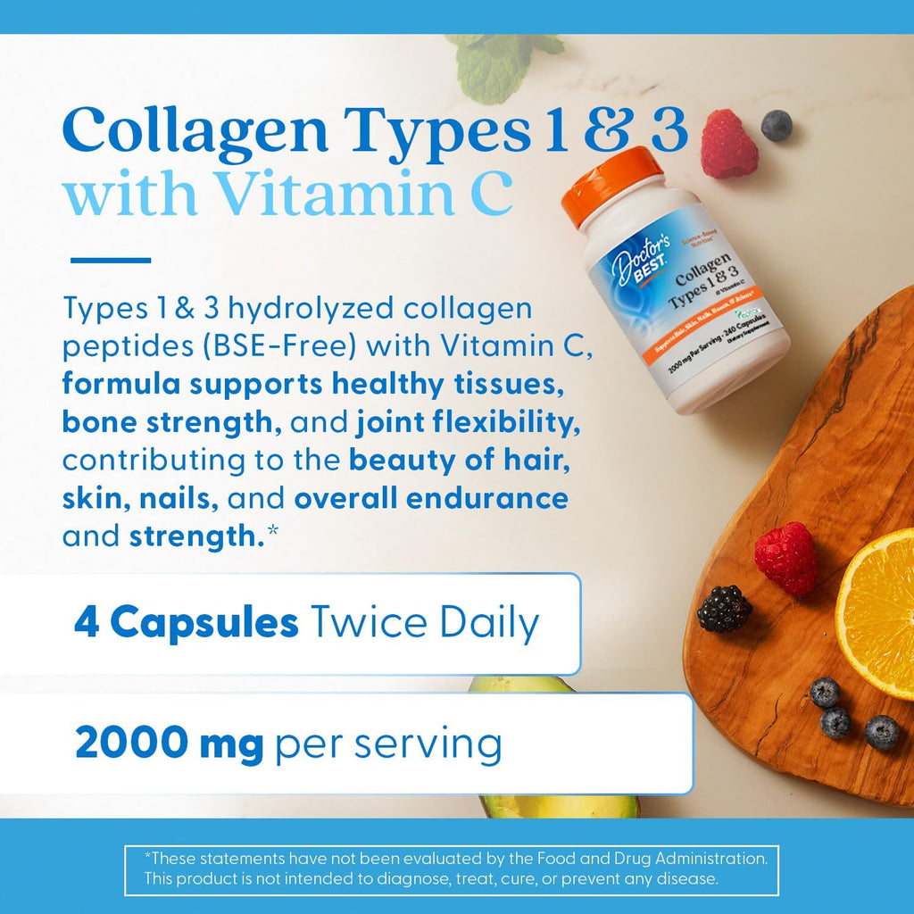 Buy now Doctor's Best Collagen Types 1 & 3 with Vitamin C, Non-GMO, Gluten Free, Soy Free, Supports Hair, Skin, Nails, Tendons & Bones, 500 mg, 240 Caps (DRB-00263) at indiglob india