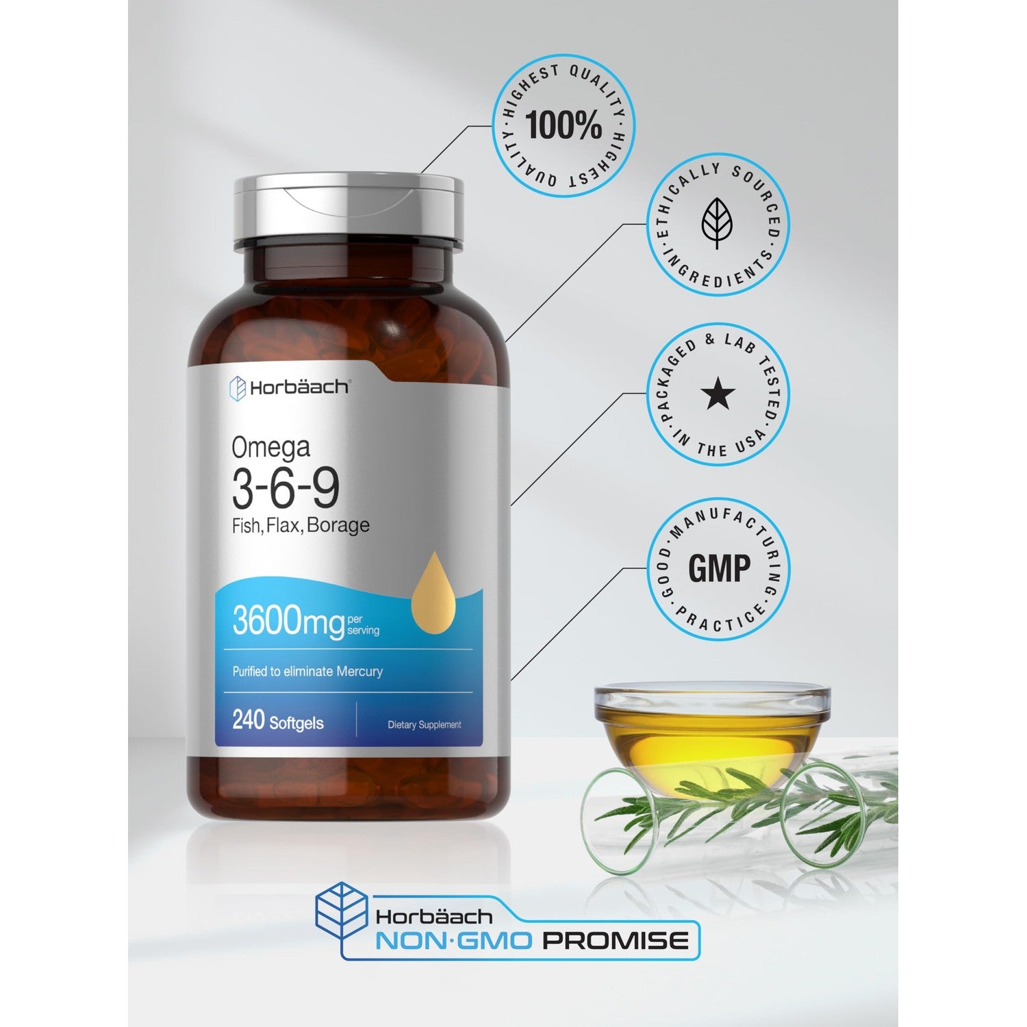 Horbäach Triple Omega 3-6-9 240 Softgels | from Fish, Flaxseed, Borage Oils | Non-GMO & Gluten Free