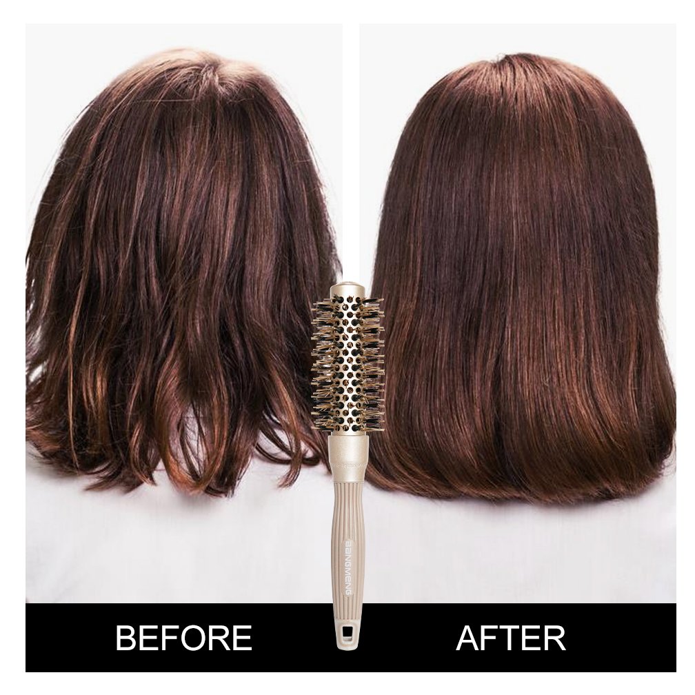 BANGMENG Round Brush with Boar Bristles, 1 inch Barrel, Nano Thermal Ceramic Ionic Tech for Straightening and Blow Drying, Gold