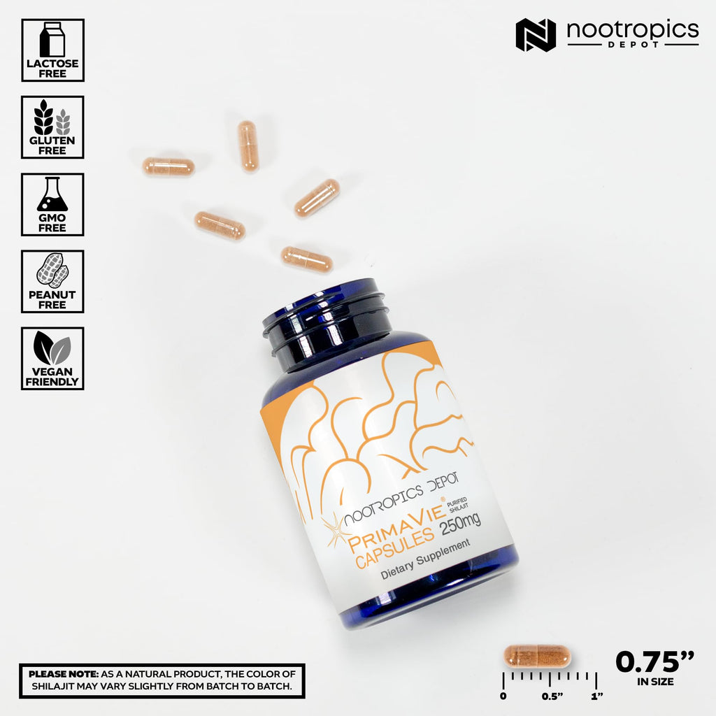Nootropics Depot PrimaVie Shilajit Capsules | 250mg | 30 Count | Purified Extract | Ayurveda Supplement | Supports Mitochondrial Function + Boosts Endurance