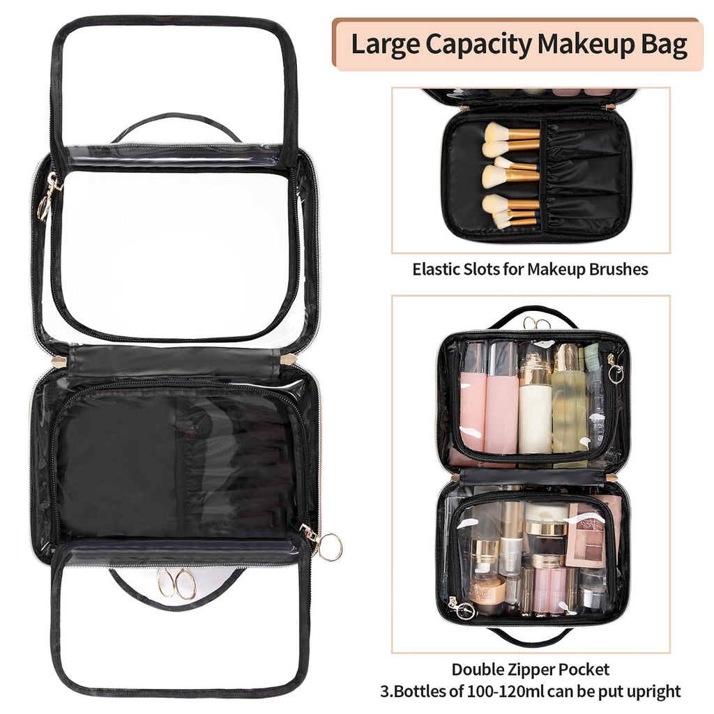 Buy now OCHEAL Makeup Bag, Double Layer Cosmetic Bag, Large Capacity New Look Clear Cosmetic Case for Women Travel Beauty Essentials, Multiple Compartments Makeup Case Organizer Zipper Pouch -Black at indiglob india