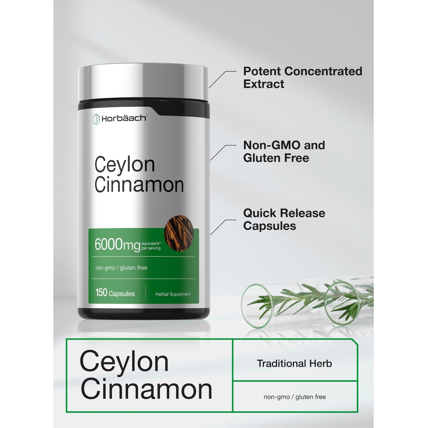 Horbäach Ceylon Cinnamon Supplement | 150 Capsules | Herbal Extract Pills | Non-GMO & Gluten Free
