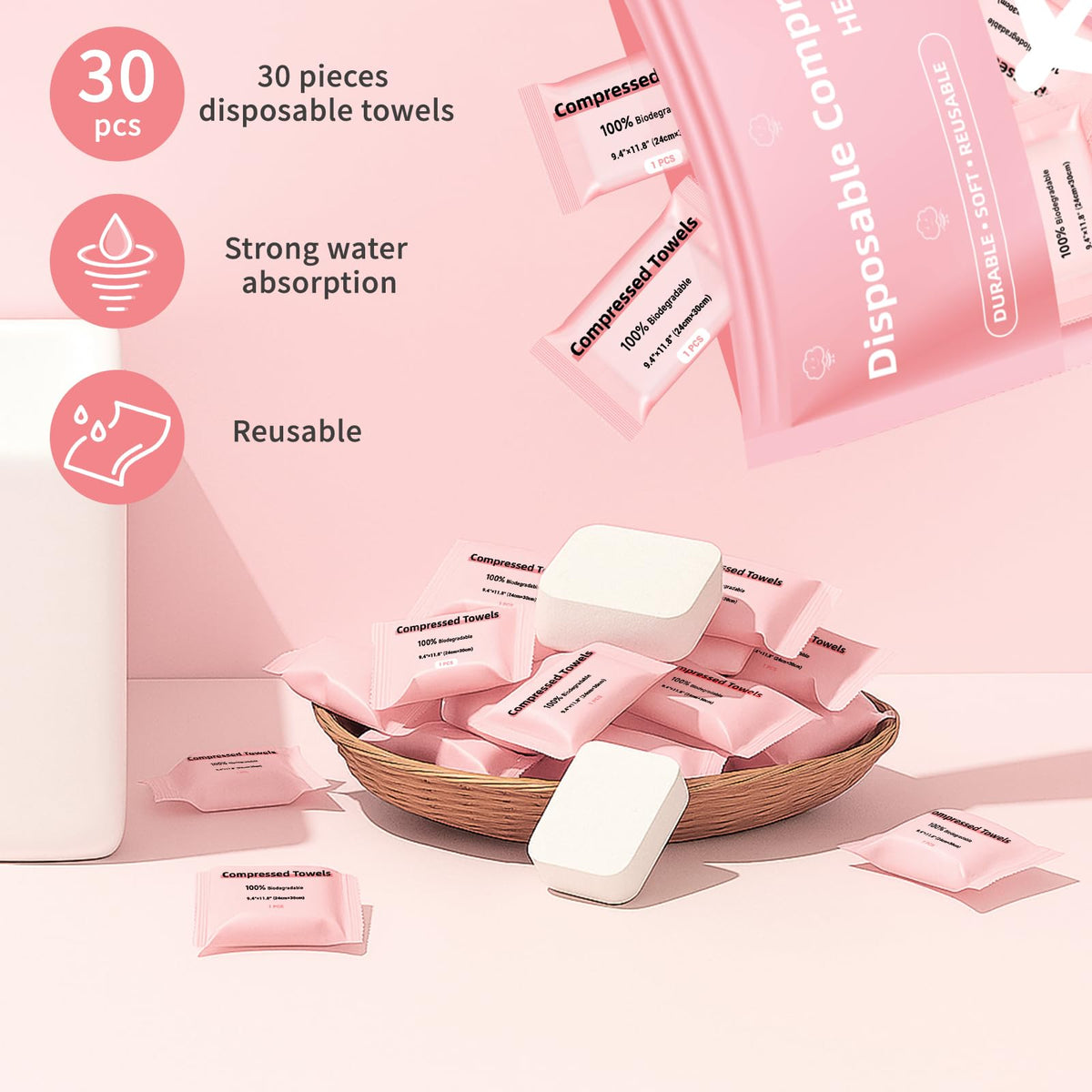 Disposable Compressed Face Towels, Ultra Soft Large Size Compressed Towel Tablets Portable Washcloth Reusable for Travel Camping Hiking Outdoor Sports Beauty Salon (30Pcs)