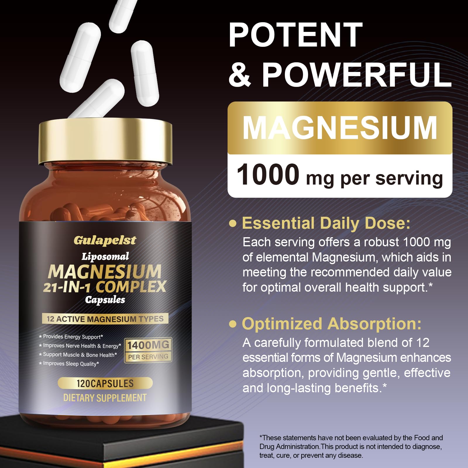 21 in 1 Liposomal 1400mg Magnesium Complex (Citrate, Glycinate, Malate etc) Capsule - 12 Active Types Magnesium with Vitamin D3, B6, B12, C, Ashwagandha & CoQ10 for Women & Men - Support Bone & Muscle