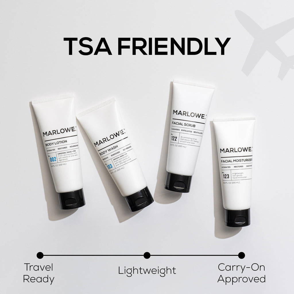 MARLOWE.Men's Travel Kit, Face + Body Essentials, TSA Friendly 3.4 oz Each | Travel Essentials, TSA Friendly Body Wash, Body Lotion, Facial Scrub & Facial Moisturizer