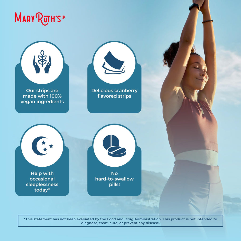 Sleep Dissolving Strips by MaryRuth's | L Theanine | Chamomile Flower | Melatonin 5mg | Valerian Root | Vitamin B6 | Sugar Free | Cranberry Flavor | Vegan | Gluten Free | Dairy Free | 30 Count