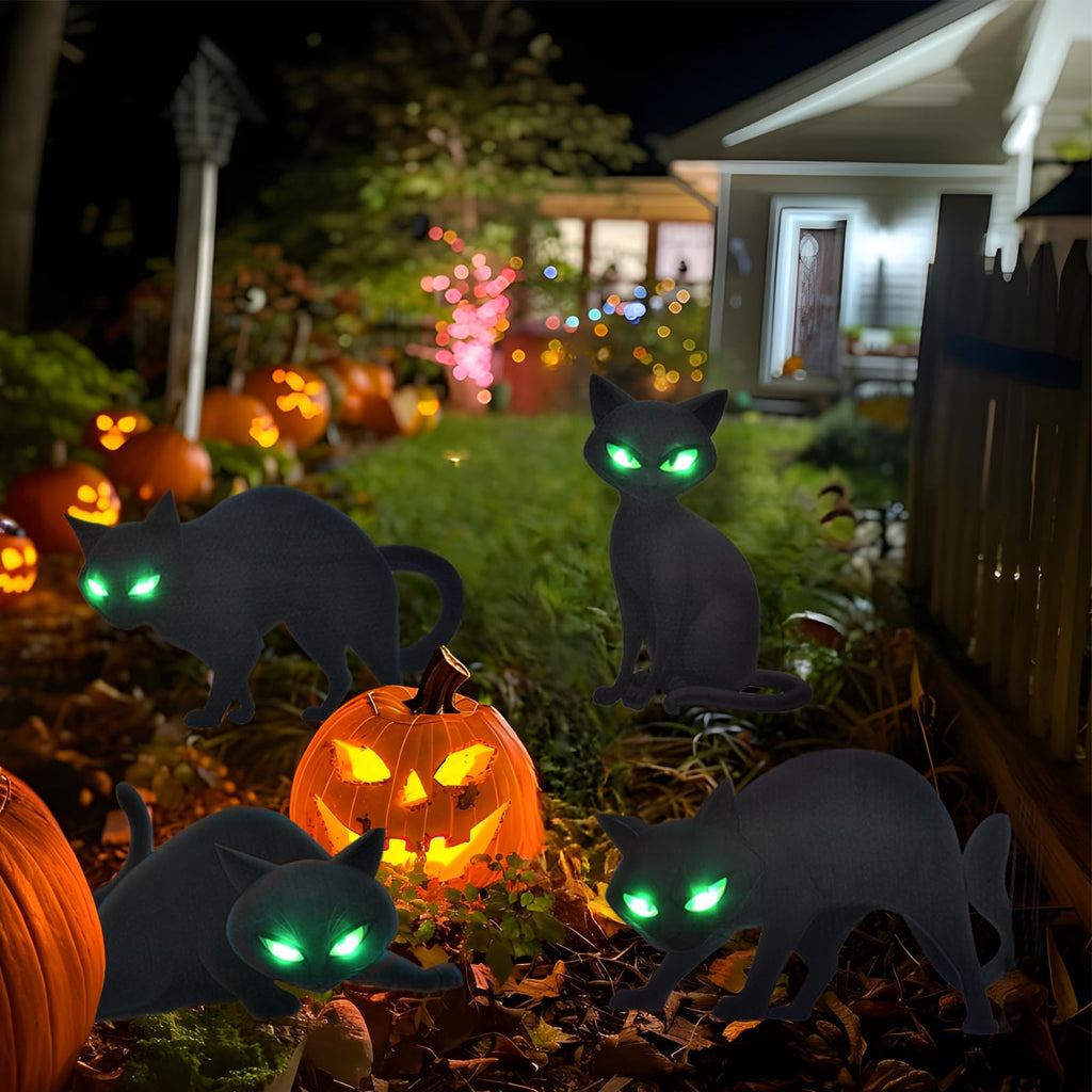 Lighted Black Cat Decor Yard Signs, 4 PCS Halloween Decorations Outdoor Scary Black Cat with LED Lights Glow Eyes for Lawn Garden Yard Stakes Outside Halloween Decoration Decor Clearance