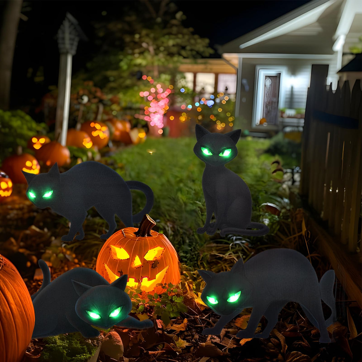 Lighted Black Cat Decor Yard Signs, 4 PCS Halloween Decorations Outdoor Scary Black Cat with LED Lights Glow Eyes for Lawn Garden Yard Stakes Outside Halloween Decoration Decor Clearance