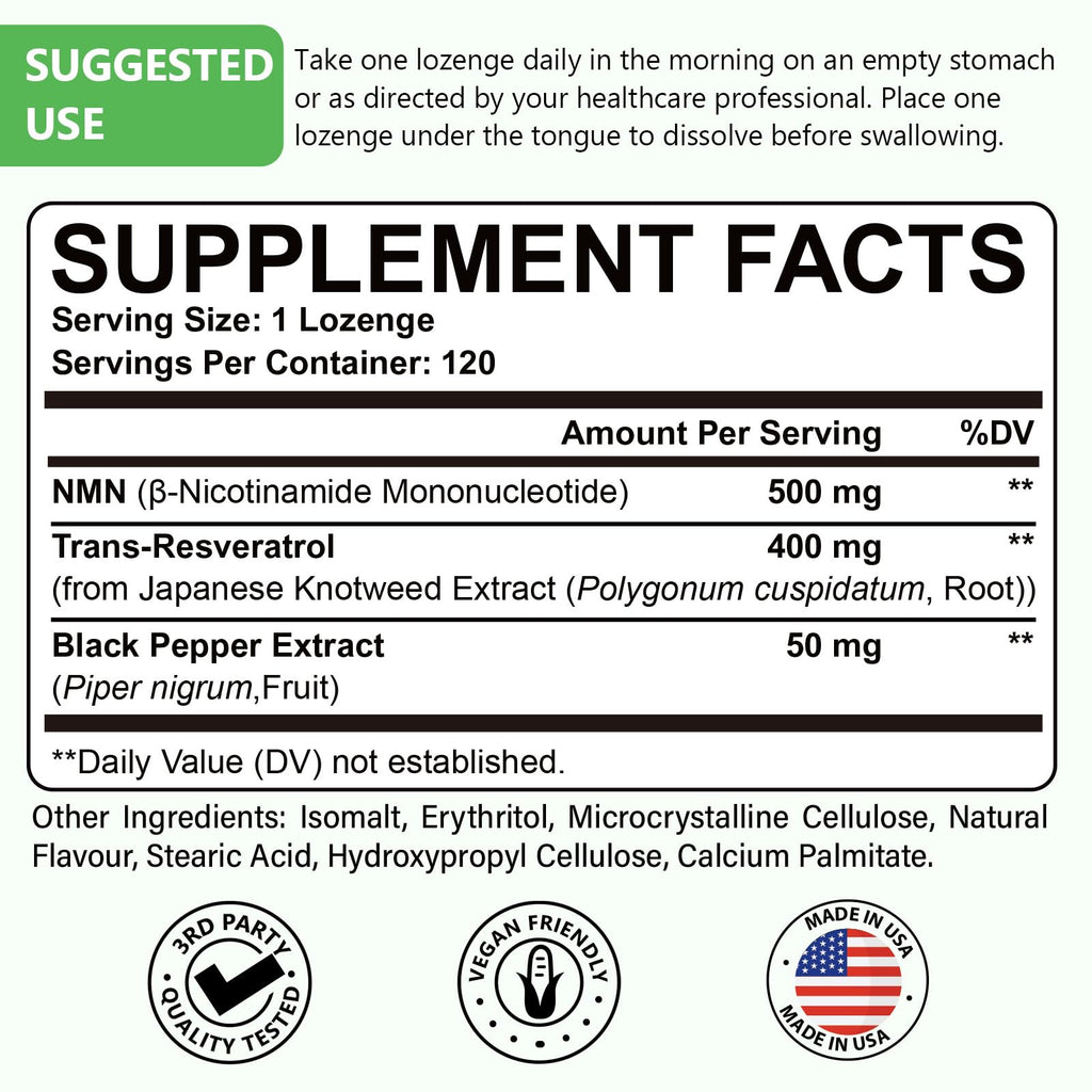 Sublingual NMN Resveratrol Supplement 950mg, 120 Lozenges (120-Day Supply) | Sublingual NMN 500mg + Trans-Resveratrol 400mg, 3-in-1 Advanced Formula for NAD, Cell, Immune, Energy & Muscle, Anti-Aging