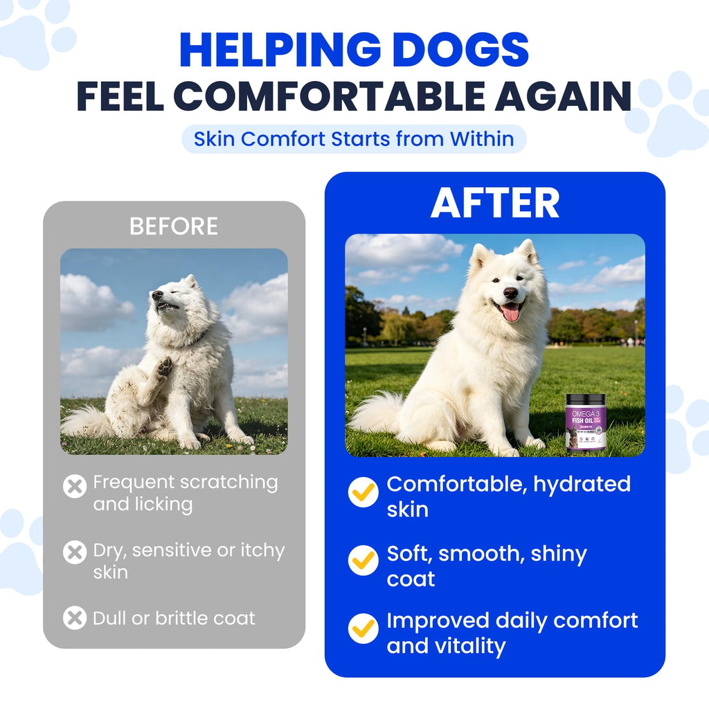 Fish Oil for Dogs Allergy and Itch Relief Chews - Omega 3 for Dog Skin and Coat Care - Salmon Oil for Dogs Anti Shedding Supplement Hot Spot Treatment EPA & DHA 200 Ct