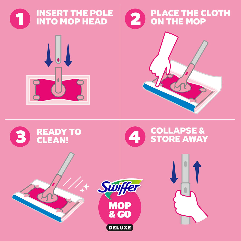 Swiffer Sweep and Mop Deluxe, Limited Edition Pink, 2-in-1 Floor Mopping and Sweeping Kit, Multi-Surface Kit for Floor Cleaning, Includes 1 Sweeper, 5 Heavy Duty Dry Cloths, 3 Heavy Duty Wet Cloths