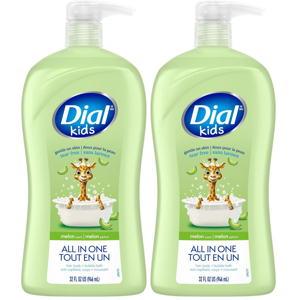 Dial Kids All-in-1 Body Wash + Hair + Bubble Bath, Melon Scent, 32 Fl Oz, Hypoallergenic Body Wash & Shampoo, No Tears Formula for Kids 2+ Years, No Parabens & Silicones