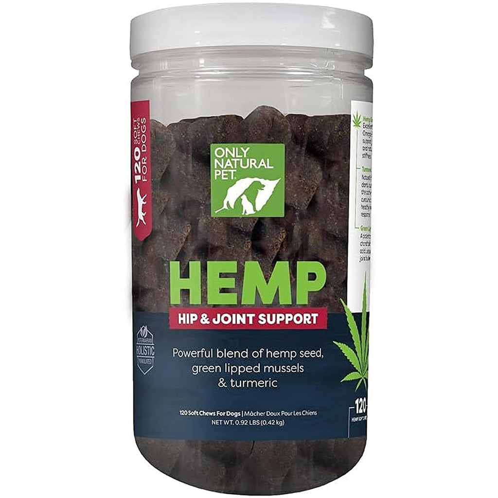 Only Natural Pet Hemp Hip & Joint Support for Dogs - Supplement for Mobility Wellness Pain Relief Healthy Inflammatory & Bone Stiffness - Chews w/Fatty Acid Blend Mussels & Turmeric - 120 Count (H/J)