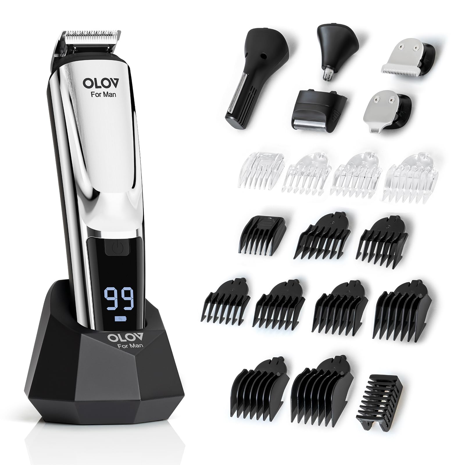 OLOV For Man Beard Trimmer, 21 Piece All-in-One Mens Grooming Kit and Hair Clipper, Nose, Ear,Body and Face, Electric Razor with USB Recharge Dock
