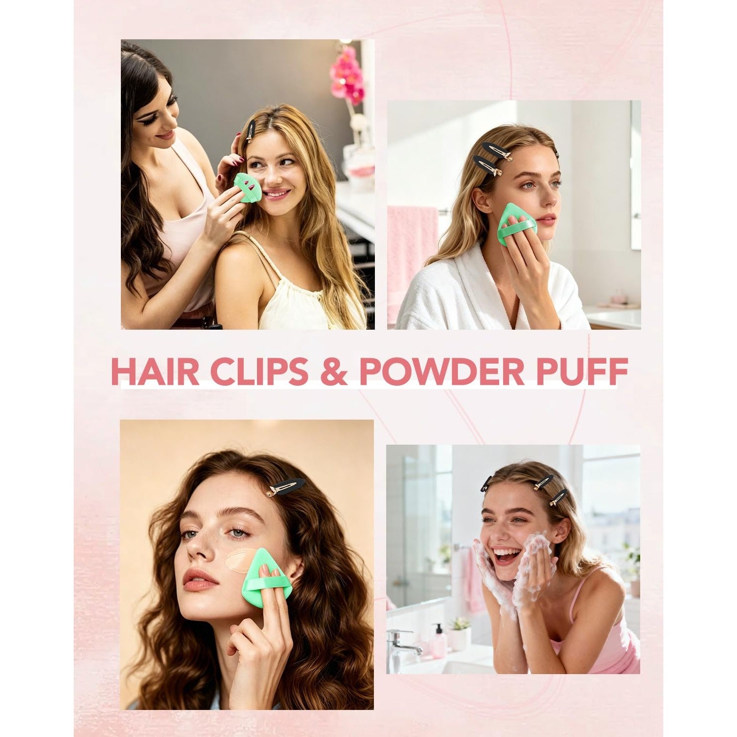 Amizo 6 Pcs Creaseless Hair Clips and 6 Pcs Triangle Powder Puffs for Women | Beauty Makeup Set，No Crease Design, No Bend,Loose Powder,Smooth Makeup Application and No-Dent Hair Styling