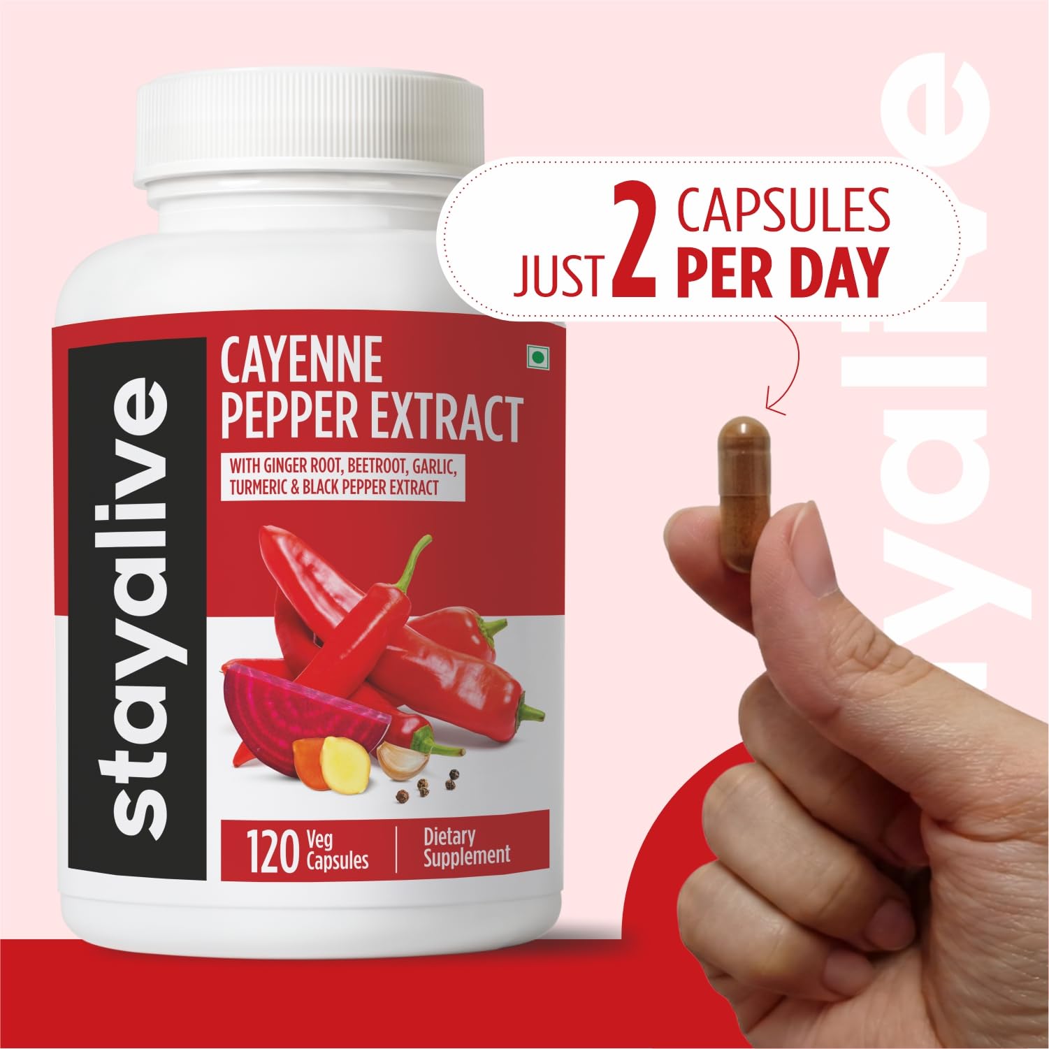 Cayenne Pepper Capsules, 6-in-1 Capsicum Blend w/Ginger, Garlic, Turmeric, Beet Root, and Black Pepper Extract, 120 Cayenne Capsules, Non-GMO & Gluten-Free Capsimax Capsaicin Supplement