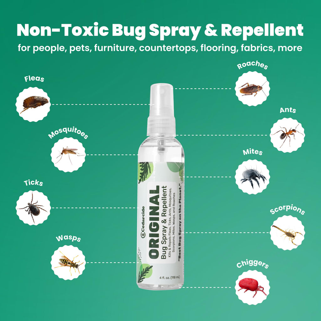 Cedarcide Original Bug Spray | Repel & Kill Fleas, Ticks, Mosquitoes, Mites, Ants & Chiggers | for use on People, Pets & Home | Natural Cedar Oil | Eco-Friendly | 4 Oz