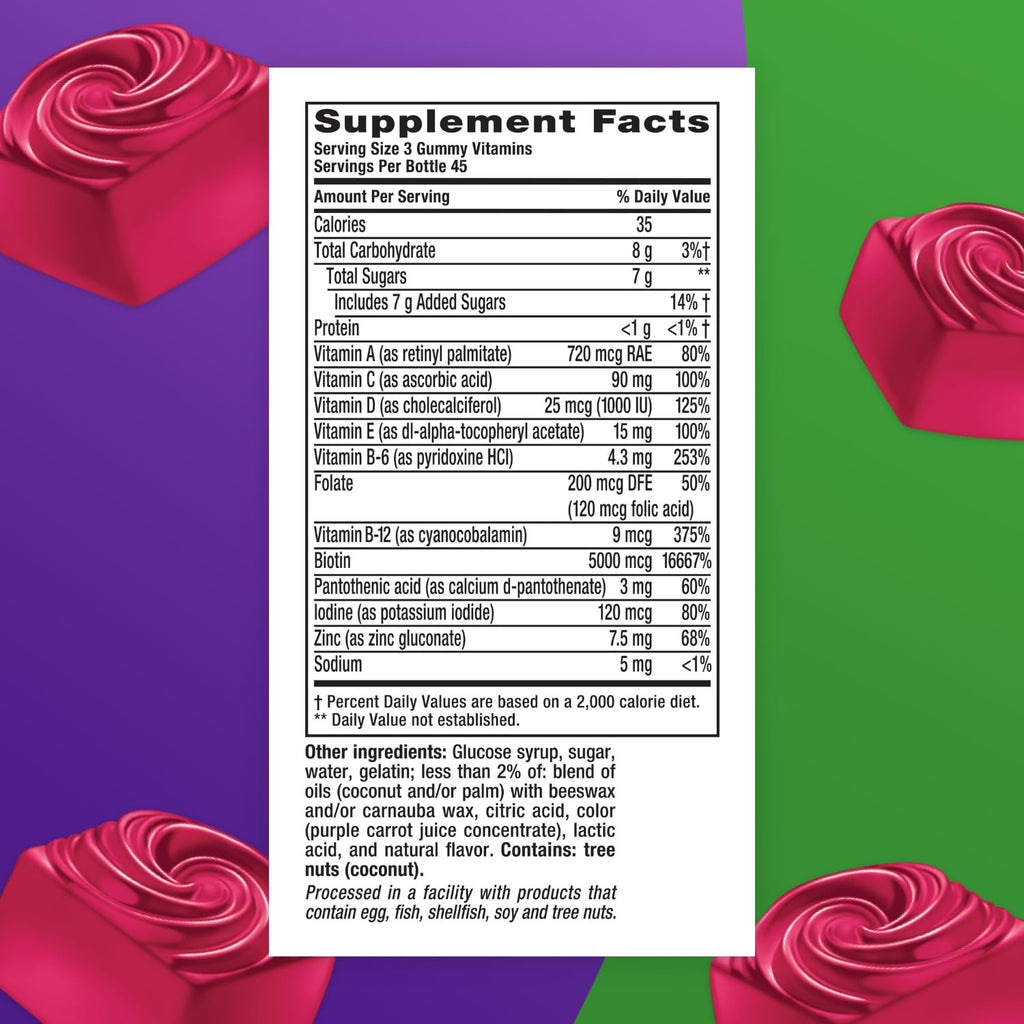 Vitafusion Hair Skin and Nails Vitamins | Biotin 5000mcg | 135 Gummies | for Women and Men | Berry Flavor | Gluten-Free Adult Gummy Multivitamin Supplement