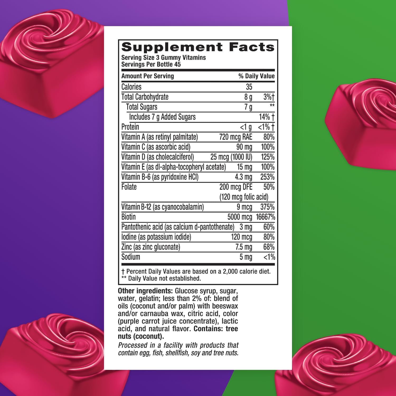 Vitafusion Hair Skin and Nails Vitamins | Biotin 5000mcg | 135 Gummies | for Women and Men | Berry Flavor | Gluten-Free Adult Gummy Multivitamin Supplement