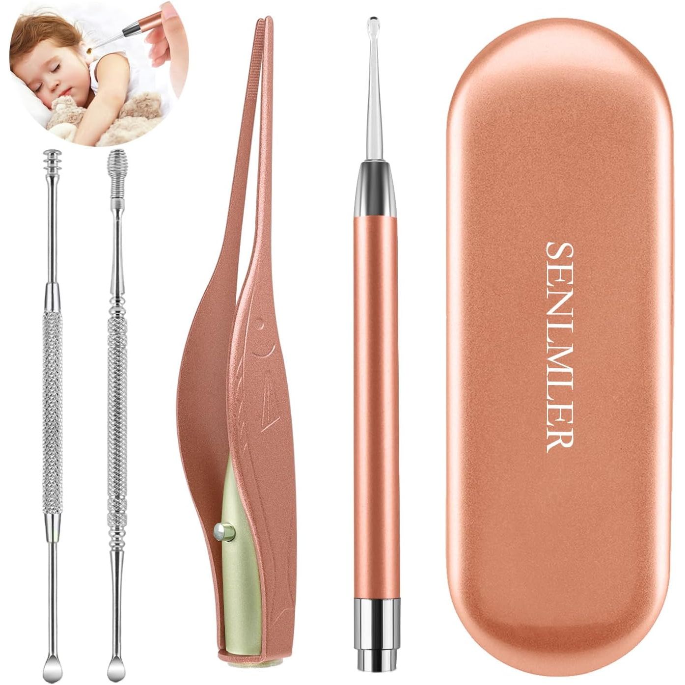 Buy now 4 Pack Ear Pick with Light, Ear Cleaner Ear Wax Removal Tool Kit for Kids and Adults, Ear Picks Digger & Tweezers & Spiral Spring Ear Spoon Set with Storage Box (Rose Gold) Rose Gold at indiglob india