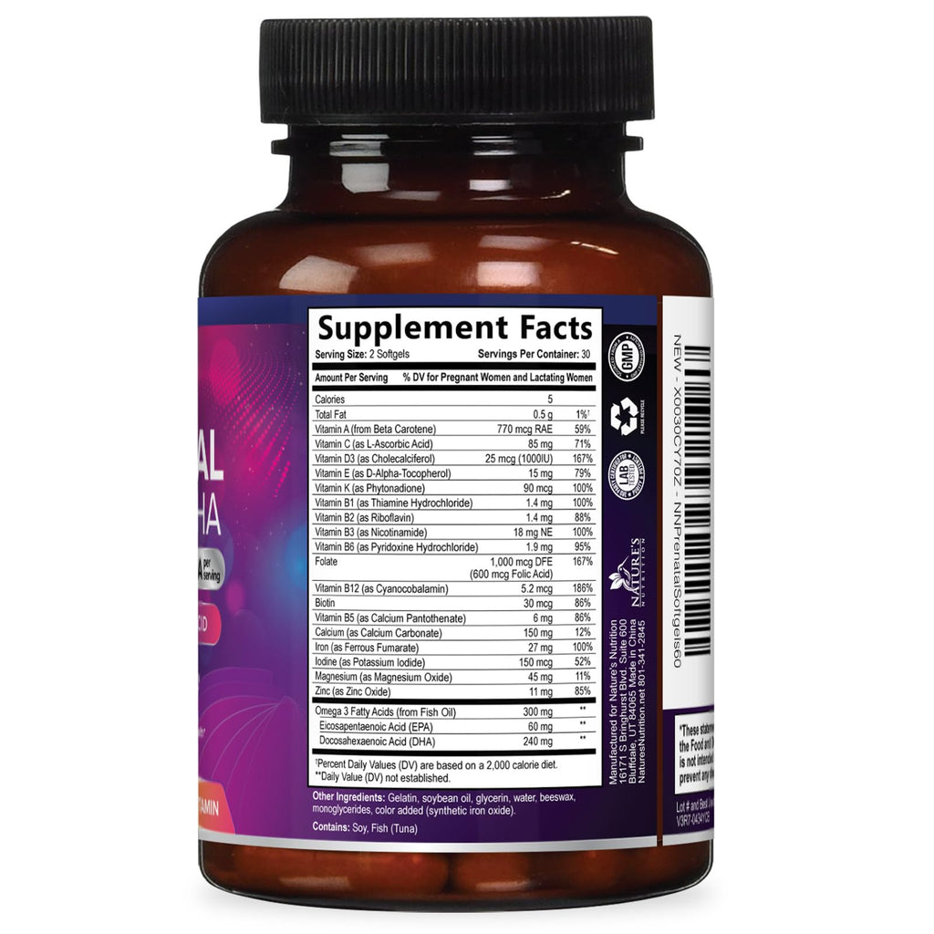 Prenatal Vitamins for Women with Folic Acid + Omega 3 DHA for Fetal Brain Development, Best Prenatal Vitamin Supplement, Daily Pregnancy Multivitamin Nutritional Support, Non-GMO - 60 Softgels