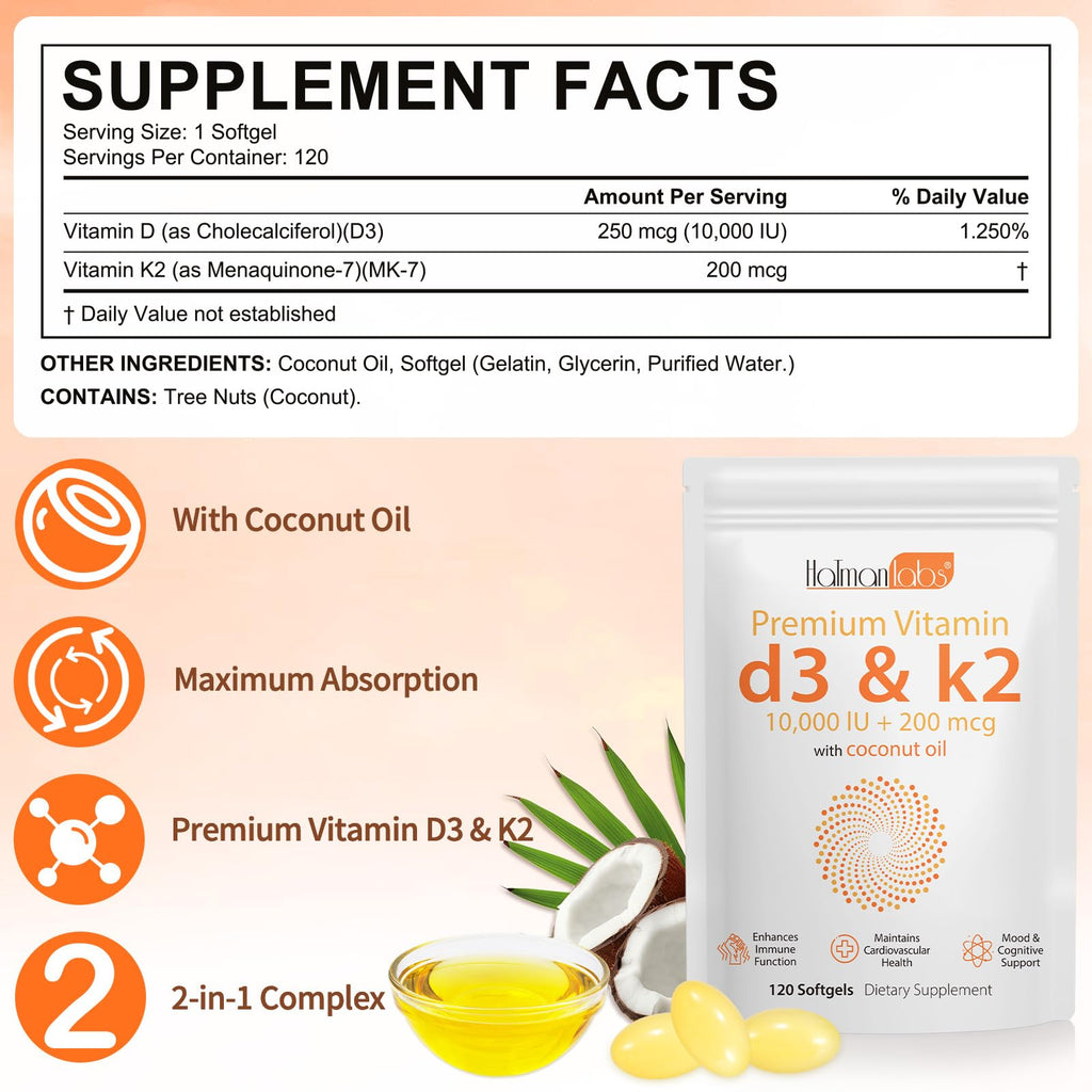 Vitamin D3 K2 Supplement Softgel, Vitamin D3 K2 Softgel with 10000 IU Supports Immune, Heart, Teeth & Bone Health, Free of GMO, Gluten, Soy, 120 Softgels