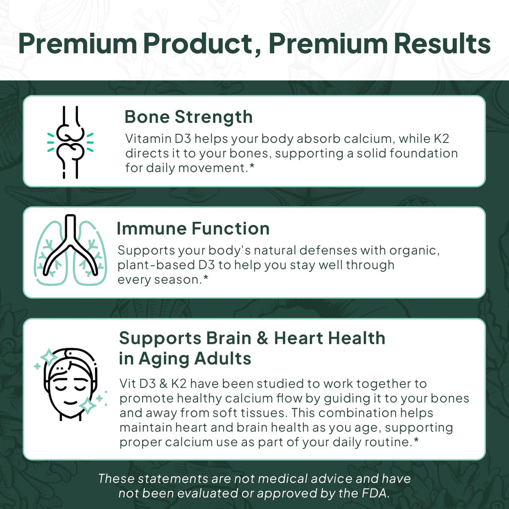 Organics Ocean Better D3 + K2-100% Organic VIT D3 and K2 Supplements with Maximum Bioavailability - Supports Bone Density, Calcium Balance, Immunity & Mood - 3-Pack, 90-Day Supply