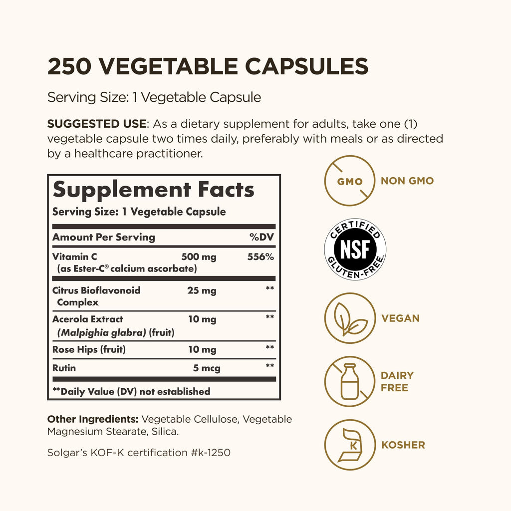 Solgar Ester-C Plus 500 mg Vitamin C (Ascorbate Complex), 250 Servings | Gentle & Non Acidic, Antioxidant & Immune Support - Non GMO, Vegan, Gluten Free, Kosher - 250 Vegetable Capsules
