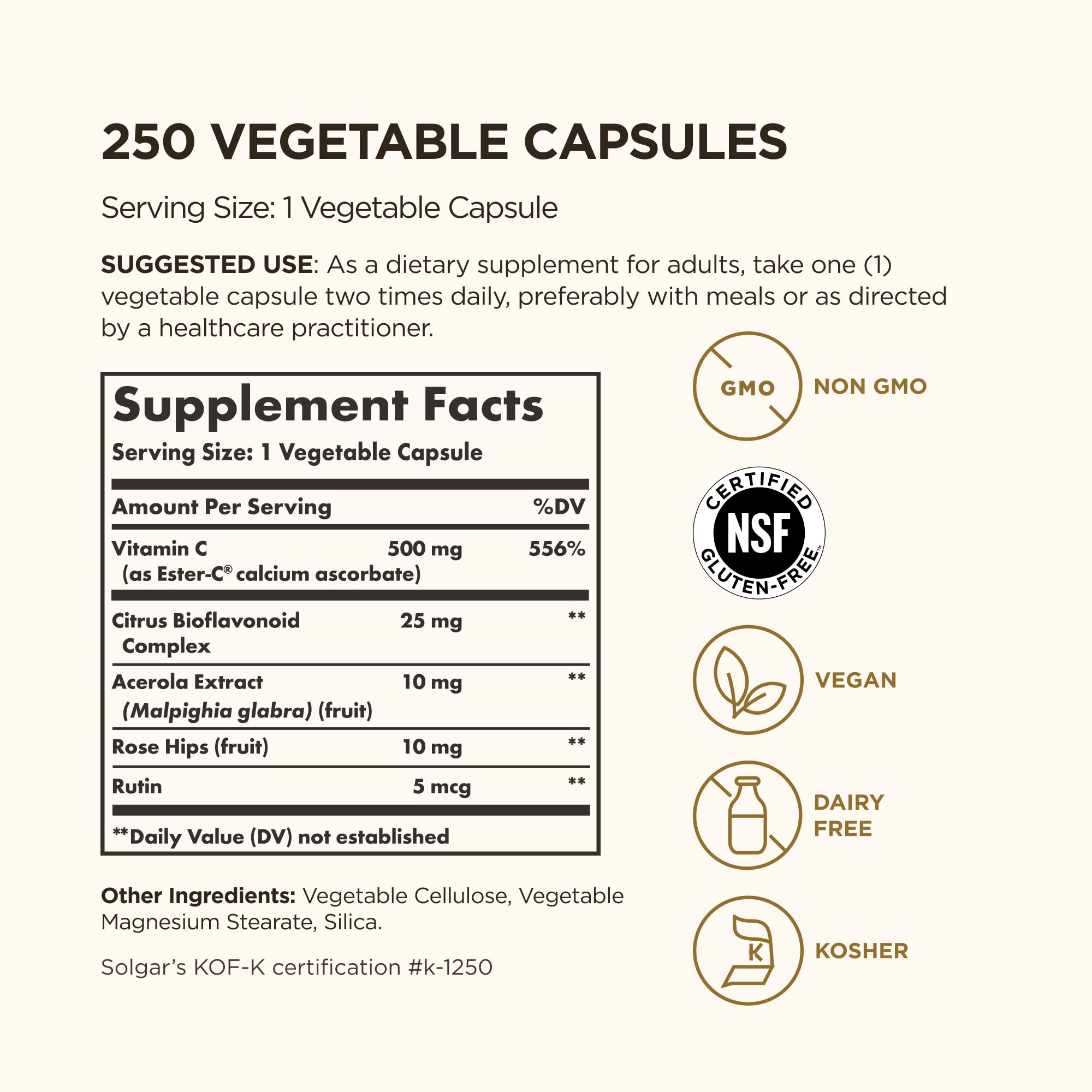 Solgar Ester-C Plus 500 mg Vitamin C (Ascorbate Complex), 250 Servings | Gentle & Non Acidic, Antioxidant & Immune Support - Non GMO, Vegan, Gluten Free, Kosher - 250 Vegetable Capsules