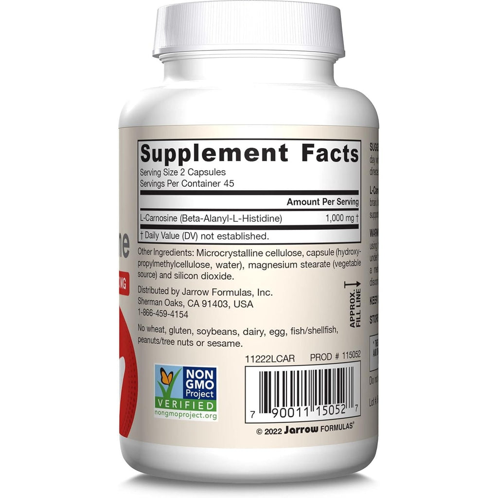 Buy now Jarrow FormulasÂ® L-Carnosine Dipeptide Antioxidant 1000 mg, Dietary Supplement, Antioxidant Support for Mitochondrial Health, 90 Veggie Capsules, Up to 45 Day Supply at indiglob india