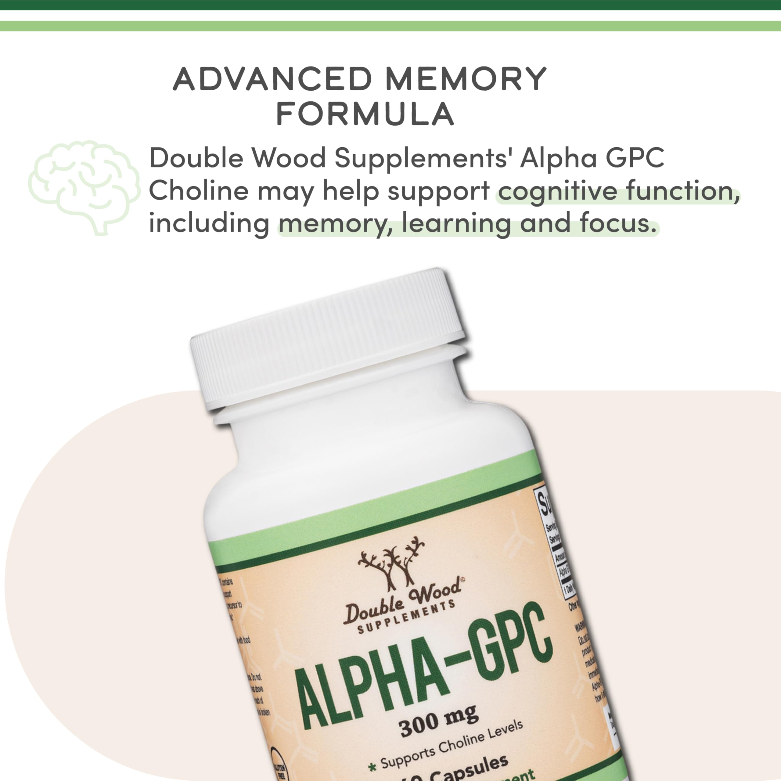 Alpha GPC Choline 600mg, Cognitive Memory + Focus Support, 60 Capsules | Brain, Memory + Focus Supplement, Acetylcholine Precursor, 300mg Active Choline per Capsule, Pre-Workout, Third Party Tested