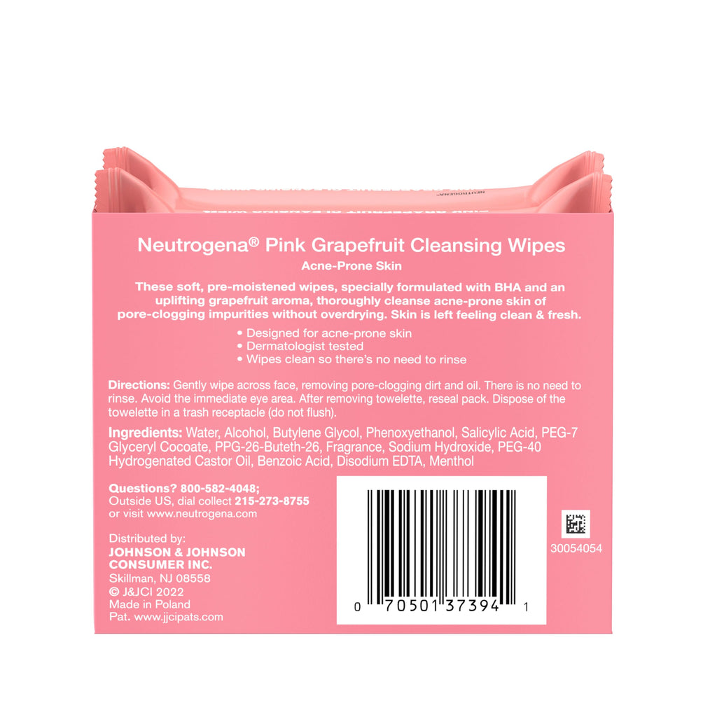 Neutrogena Makeup Remover Towelettes, Pink Grapefruit, 2 x 25 ct | Disposable Acne Face Towelettes to Remove Dirt, Oil, and Makeup for Acne Prone Skin