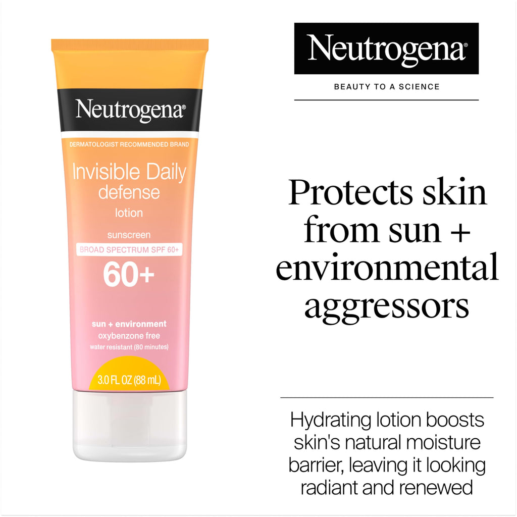 Buy now Neutrogena Invisible Daily Defense Sunscreen Lotion, Broad Spectrum SPF 60+, Oxybenzone-Free & Water-Resistant, Sun & Environmental Aggressor Protection, Antioxidant Complex, 3.0 fl. oz at indiglob india