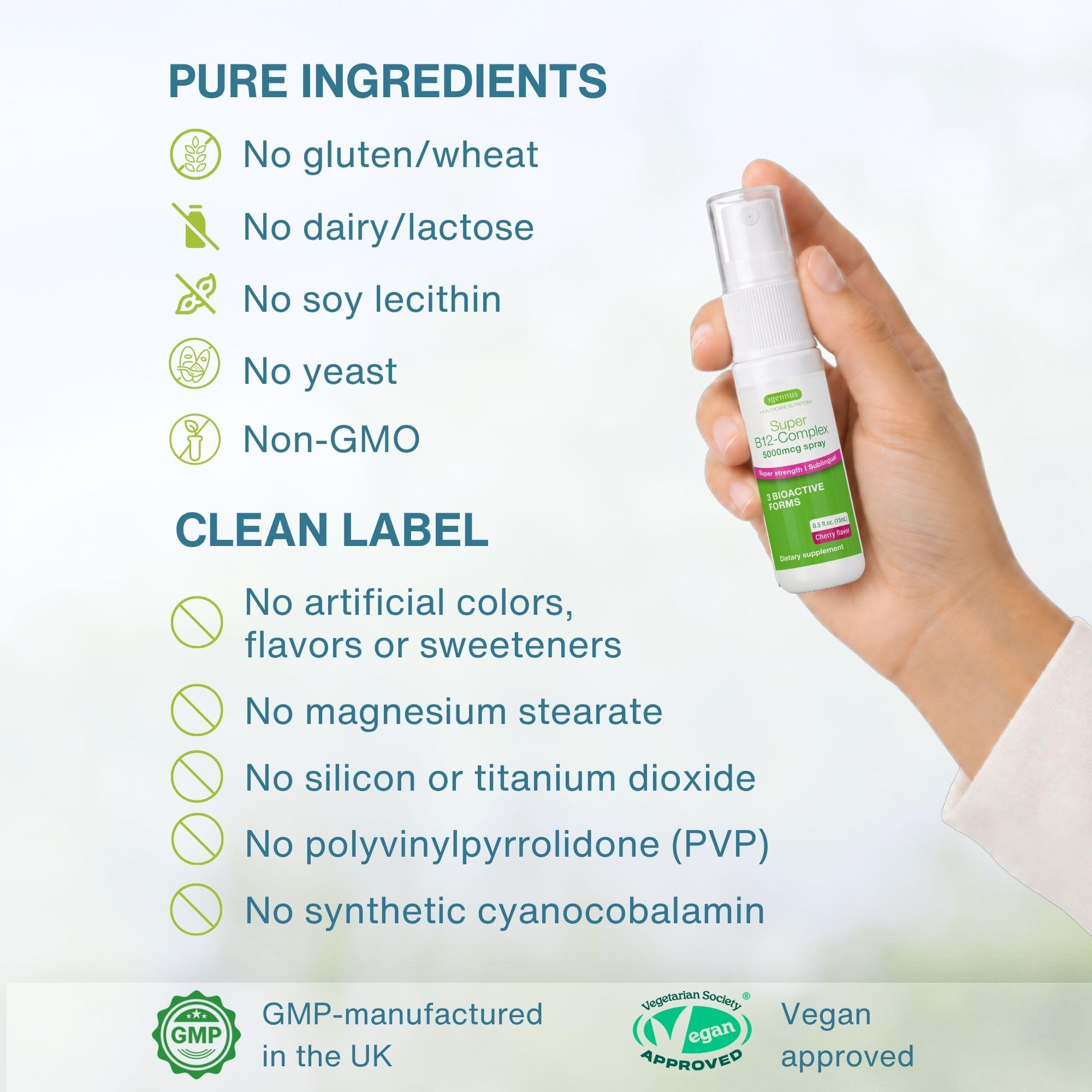 Igennus Super Vitamin B12 Complex 5000mcg Sublingual Spray, 45 Servings | Methylated, three bioactive forms; methylcobalamin, adenosylcobalamin & hydroxocobalamin, high-strength liquid spray, vegan