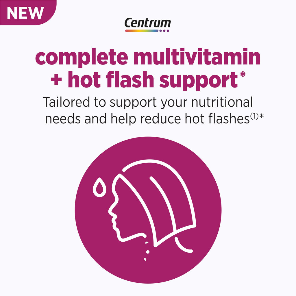 Centrum Complete Multivitamin Supplement, 30 Count | Hot Flash Support Menopause Support Tablets, with Clinically Studied geniVida, Gluten Free, Non-GMO Ingredients