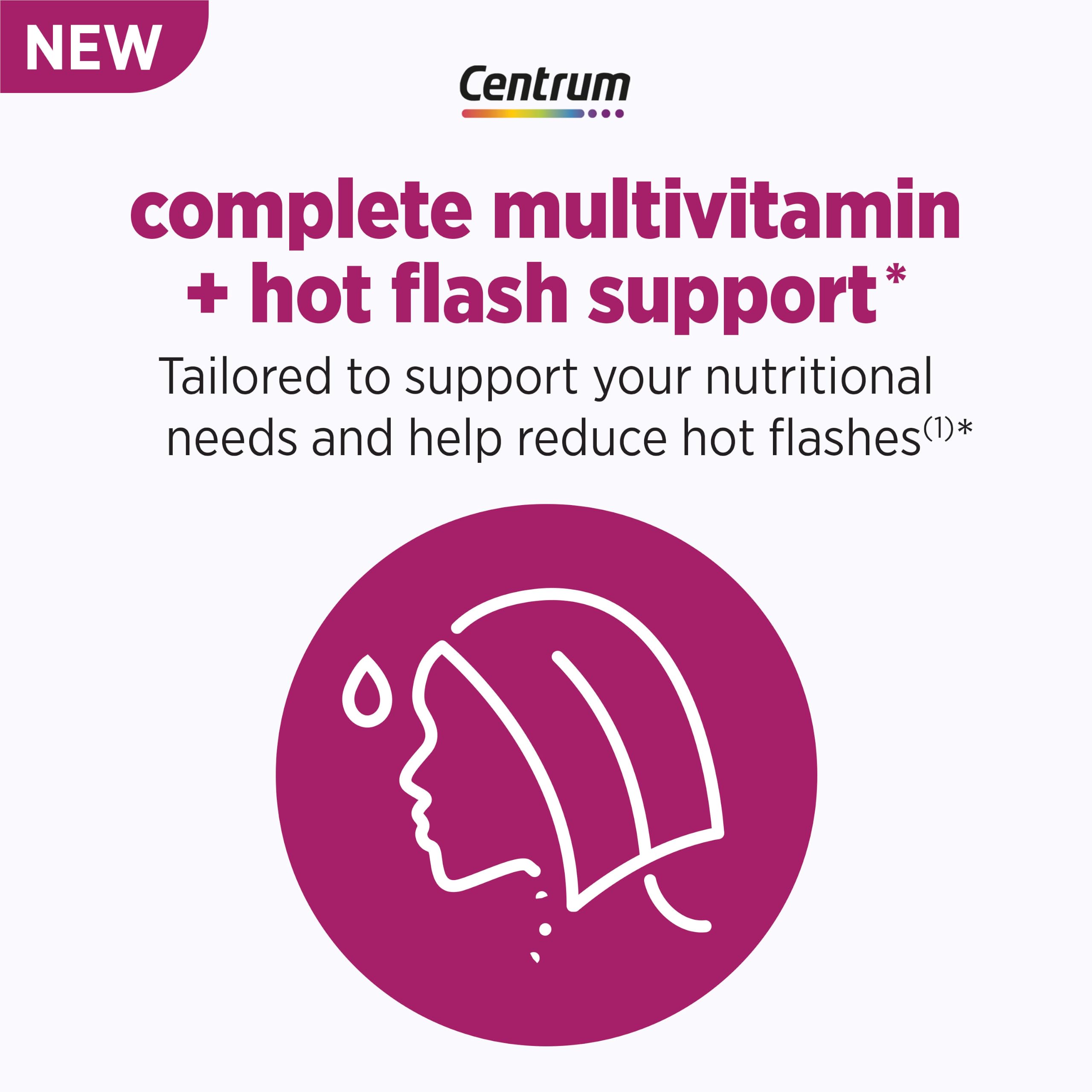 Centrum Complete Multivitamin Supplement, 30 Count | Hot Flash Support Menopause Support Tablets, with Clinically Studied geniVida, Gluten Free, Non-GMO Ingredients
