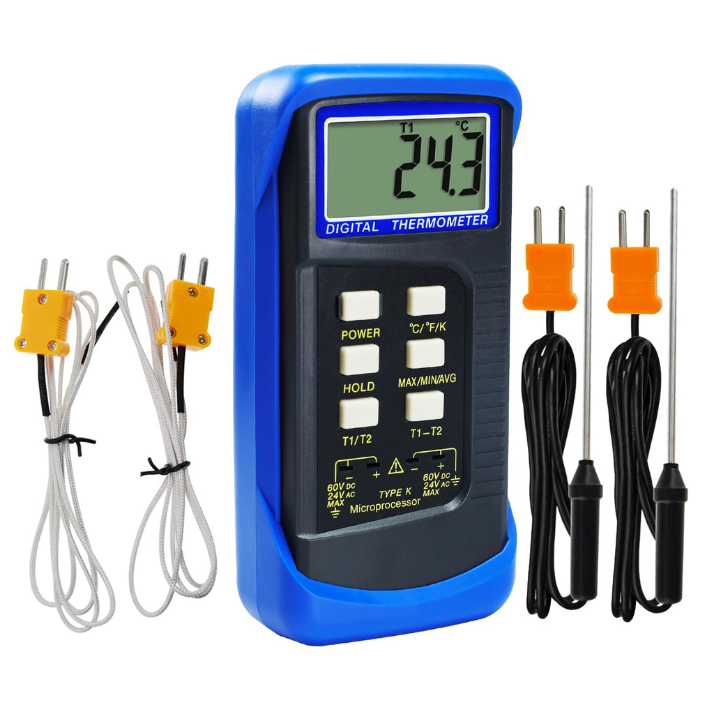 Buy now Thermocouple Thermometer Digital K Type Dual Channel Thermometer HVAC Temperature Meter with 4 Thermocouples, MAX/MIN/AVG Temperature Measurement, -50~1300°C (-58~2372°F) Blue at indiglob india