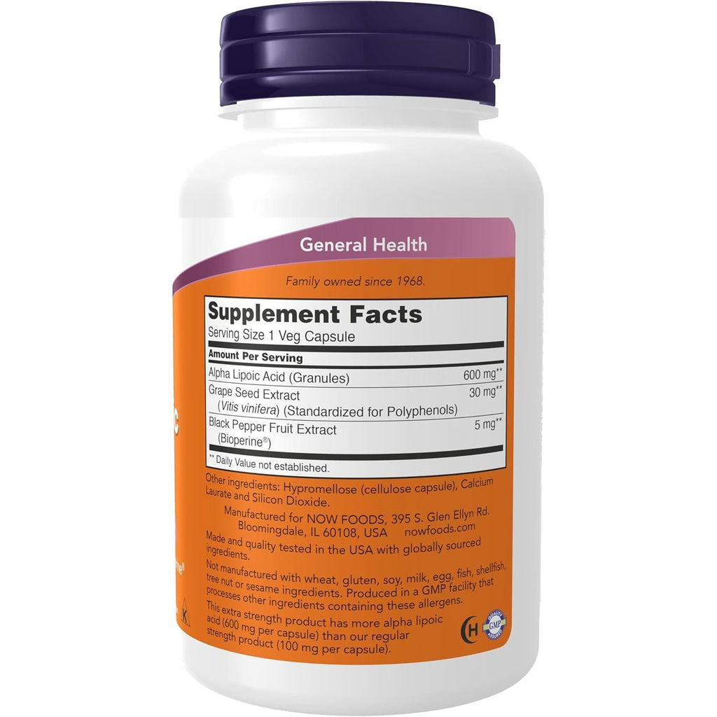 Buy now NOW Foods Supplements, Alpha Lipoic Acid 600 mg with Grape Seed Extract & BioperineÂ®, Extra Strength, 120 Veg Capsules at indiglob india