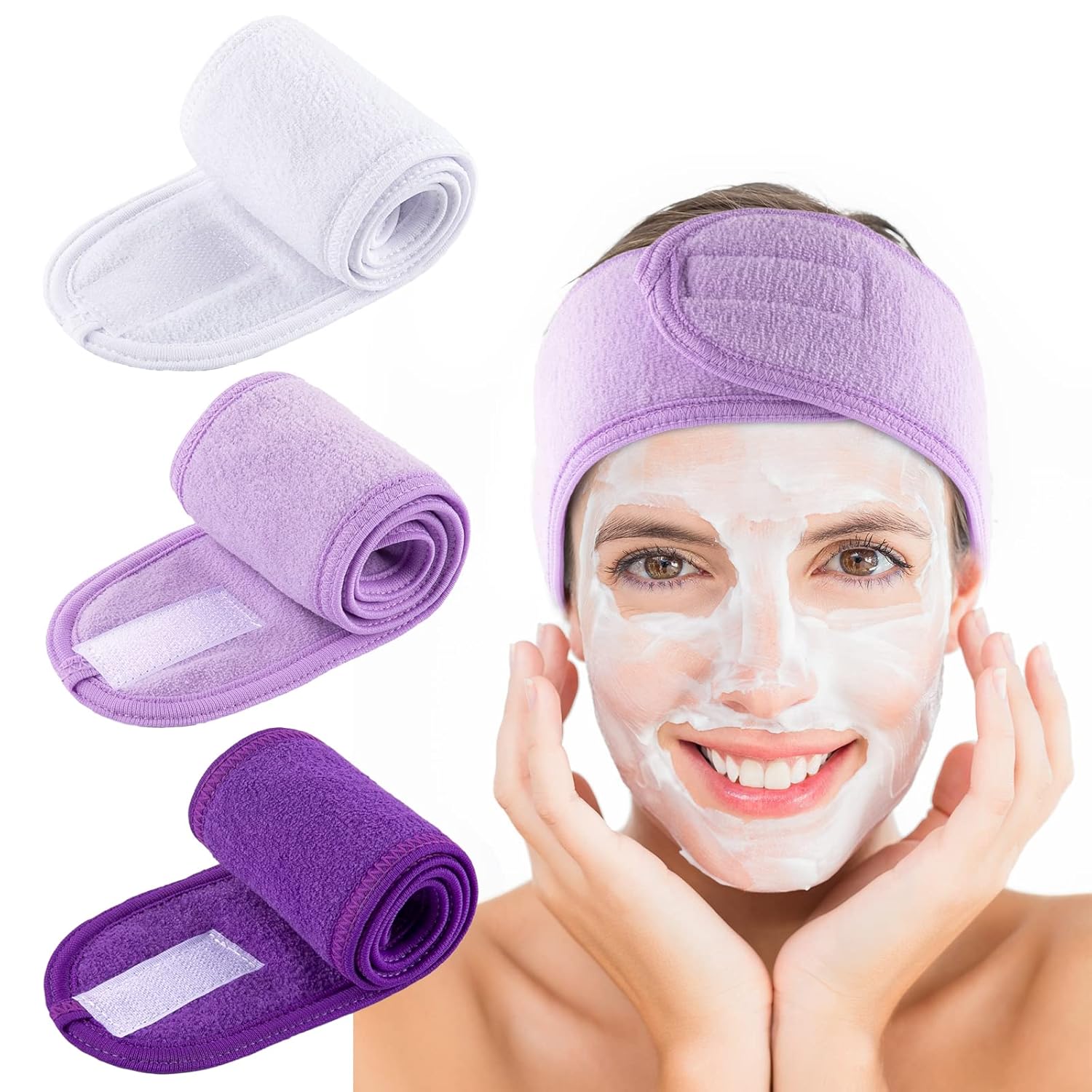 Buy now Whaline 3Pcs Spa Facial Headband Make Up Wrap Head Terry Cloth Headband Adjustable Washable Towel for Face Washing Shower Skincare Facial Treatment Sport Fits Makeup (White, Black, Gray) White,Purple,Dark Purple at indiglob india