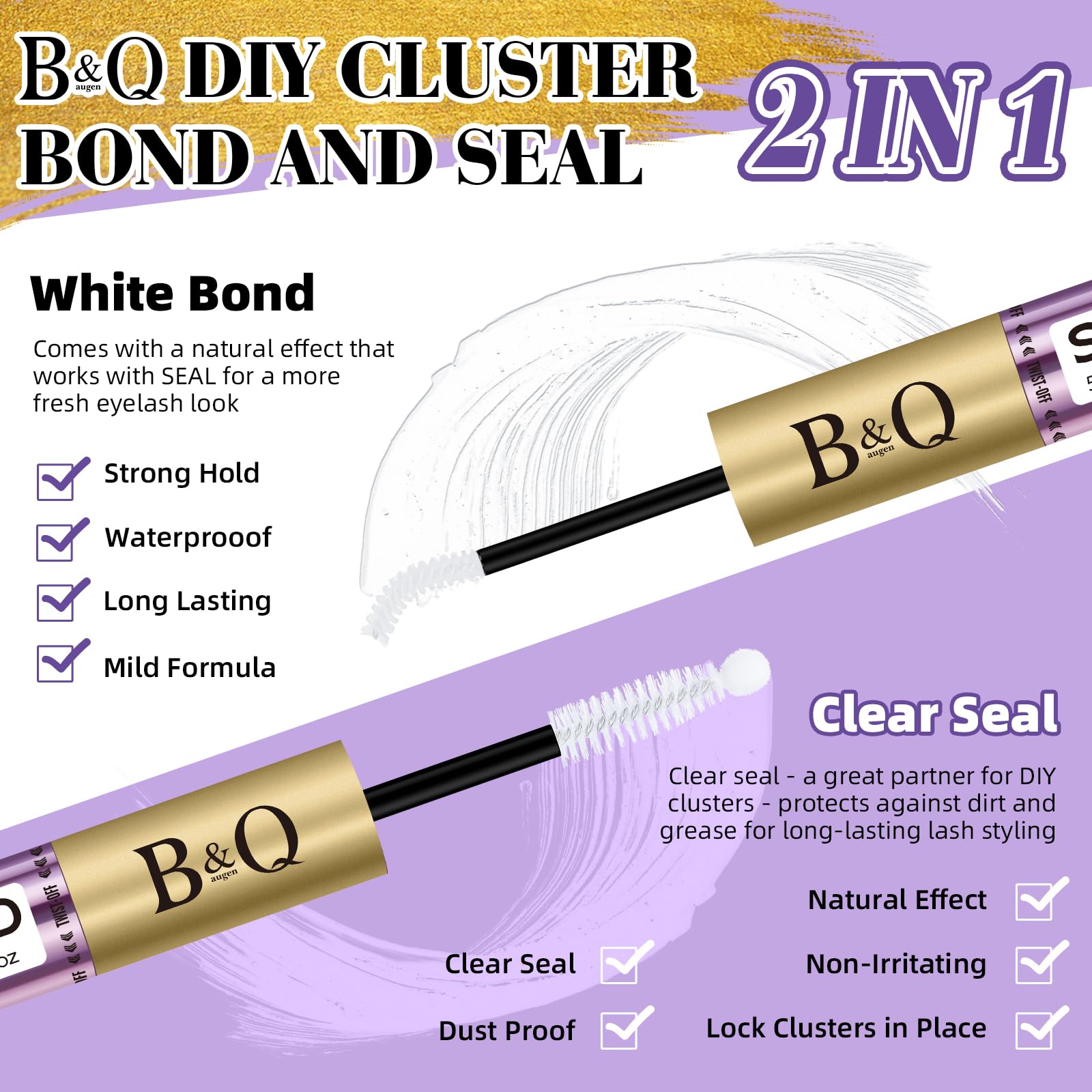 B&Q Lash Bond and Seal Waterproof,Lash Cluster Glue 10ML Strong Hold(White) | Sensitive Eyes Eyelash Glue for Clusters, DIY Lashs Glue Strong Hold, Long Lasting 3-7days Home Use, For Cluster/ Individual