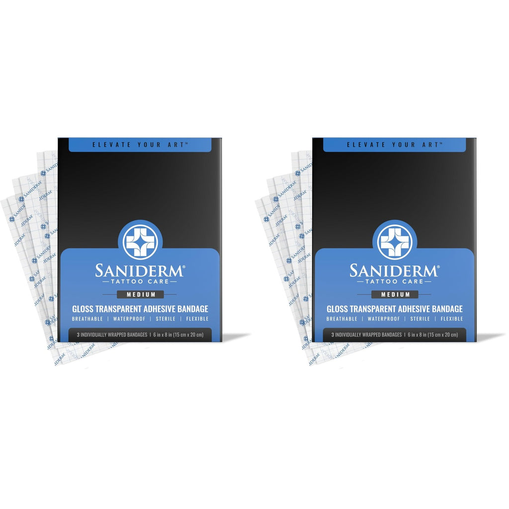 Saniderm - Tattoo Aftercare Bandage 10 Sheets - 4 x 4 Inch Small Pack | Contains Waterproof, Sterile, Latex-Free Bandage Sheets and Medical-Grade Tattoo Aftercare Film for Fresh Ink Protection.
