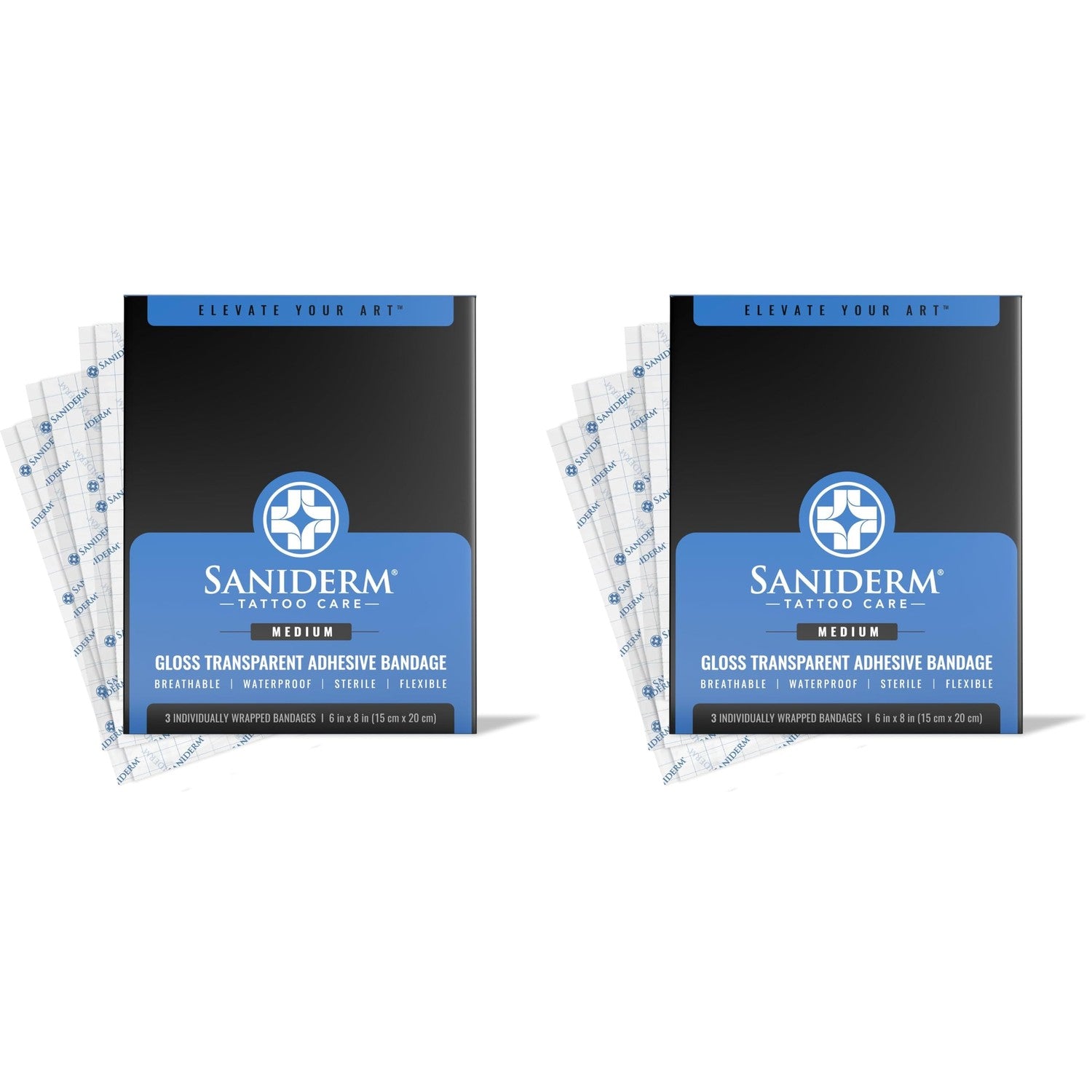 Saniderm - Tattoo Aftercare Bandage 10 Sheets - 4 x 4 Inch Small Pack | Contains Waterproof, Sterile, Latex-Free Bandage Sheets and Medical-Grade Tattoo Aftercare Film for Fresh Ink Protection.